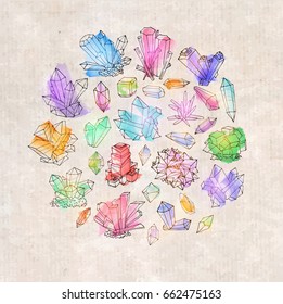 Background with doodle sketch crystals. Collection of minerals on rice paper background