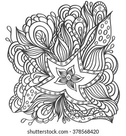 Background with doodle starfishes seaweeds or  template for underwater world  or for coloring page or relax coloring book