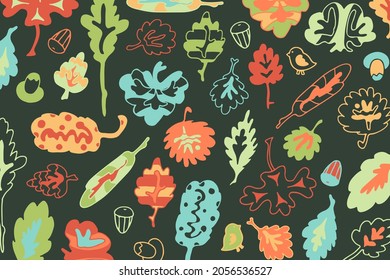 Background doodle style forest. Colored leaves scattered on the ground. Underlay for your web, background to print. Autumn mood on your clothes, mug, cover, home textiles. Multicolored leaf fall.