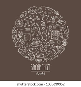 Background with doodles breakfast icons. Vector hand drawn illustration.