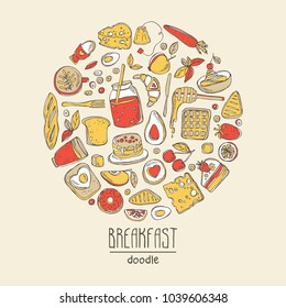 Background with doodles breakfast icons. Vector hand drawn illustration.