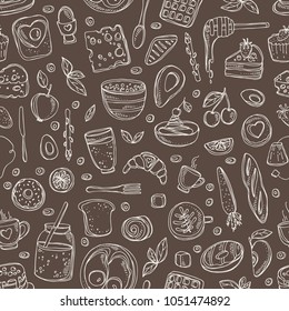 Background with doodles breakfast icons. Vector hand drawn illustration.