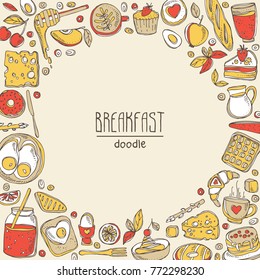 Background with doodles breakfast icons. Vector hand drawn illustration.