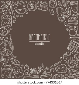 Background with doodles breakfast icons. Vector hand drawn illustration.