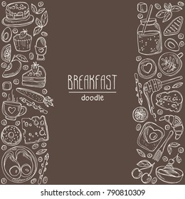 Background with doodles breakfast icons. Vector hand drawn illustration.