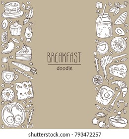 Background with doodles breakfast icons. Vector hand drawn illustration.