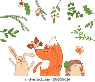 Background with doodles forest animals.