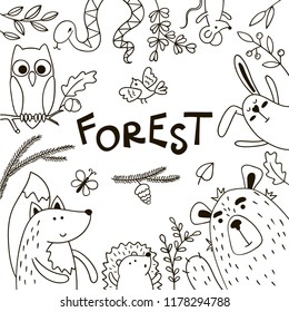 Background with doodles forest animals and space for text.