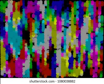 Background with  dots random transparency color in columns on black.