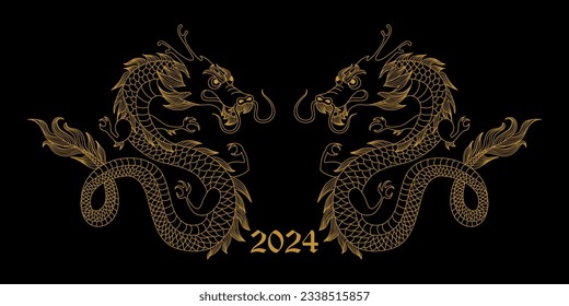 Fondo con siluetas de Dragón. Año Nuevo del dragón chino 2024. Criaturas mitológicas. Signo zodiaco. Ilustración vectorial de estilo caricatura dibujada a mano.