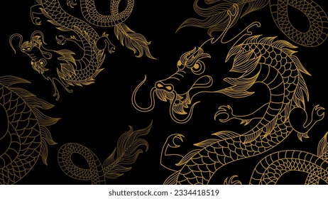 Background with Dragon silhouettes. Chinese dragon New Year. Mythological creatures. Zodiac sign. Hand drawn cartoon style vector illustration.