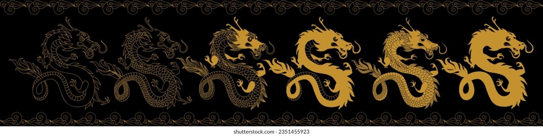 Background with Dragon silhouettes. Chinese dragon New Year. Mythological creatures. Zodiac sign. Hand drawn cartoon style vector illustration.