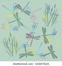  Background with Dragonflies.  Hand drawn sketches. Vector Illustration. 