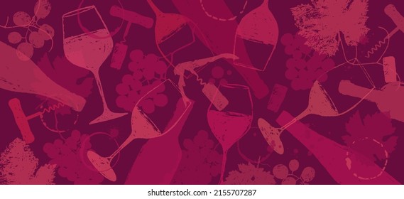 Background drawing with bottles, wine glasses, grapes, corkscrew and drops. Banner with illustration for wine design. reddish colors vector