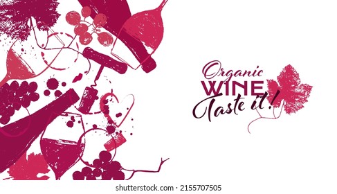 Dibujo de fondo con botellas, copas de vino, uvas, corcho, corazón y gotas. Cartel con ilustración para el diseño del vino. Colores rojizos y fondo blanco. vector