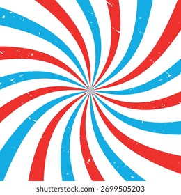 Un dibujo de fondo de rayos de circo o carnaval con una textura grunge. Modelo espiral retro con rayas radiales rojas, blancas y azules