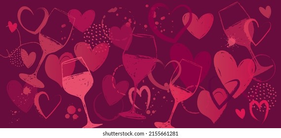 Background drawing with hearts, bottles, glasses of wine or drinks. Banner with loving illustration. Background for love and wine designs. Decorative, beautiful. vector