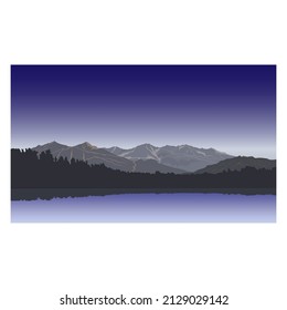 Background drawing of mountain peaks in the open air against the background of the evening sky, coniferous trees, nature of the mountainous area near the reservoir for a banner