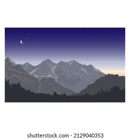 Background drawing of mountain peaks in the open air and the reflection of the stars and moon in the pond, coniferous trees, forests and nature of the area near the reservoir for the banner