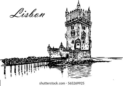 background drawing view the Torre de Belem in Lisbon  sketch hand drawn ink vector illustration
