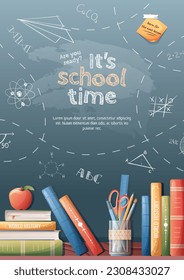 Background with drawings drawn in chalk on a school blackboard. Back to school poster with school items and elements.