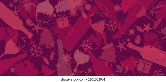 Background drawings of wine icons and Christmas symbols