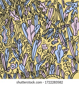 Background drawn by hand, foliage, nature, garden. Doodle style background. Flat design texture with plants plants plants isolated cartoon characters. Demonstration of the garden, vegetable garden