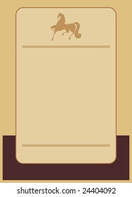 Background drawn in classical style. In the illustration centre a vertical rectangle. On a rectangle the silhouette of a horse is located.