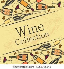 Background with drawn wine bottles, glasses, stoppers and text arrangement. Retro style.