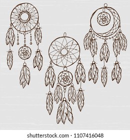 background dream catcher hand-drawn in retro style, feathers, beads, vector image