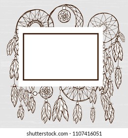 background dream catcher hand-drawn in retro style, feathers, beads, vector image