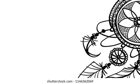 background dreamcather design with feathers wallpaper . black doodle hand drawn contour outline isolated on white . vector ornament illustration