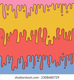 Background with dribble melting leaks. Flowing sticky liquid. 70s groovy colorful melted paint drips and flowing. Contour Vector hippie trippy illustration.