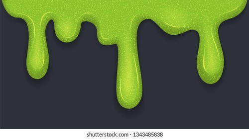 Background of dribble slime. Flowing green sticky liquid. Melted paint drips and flowing. Vector illustration with toxic blob on grey background