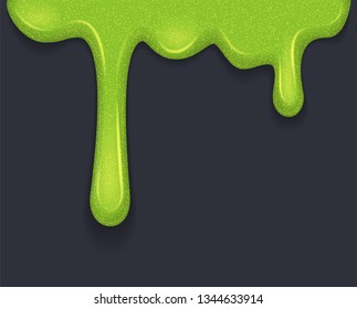 Background of dribble slime. Flowing green sticky liquid. Melted paint drips and flowing. Vector illustration with toxic blob on grey background
