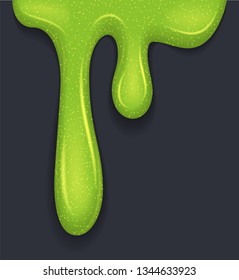 Background of dribble slime. Flowing green sticky liquid. Melted paint drips and flowing. Vector illustration with toxic blob on grey background