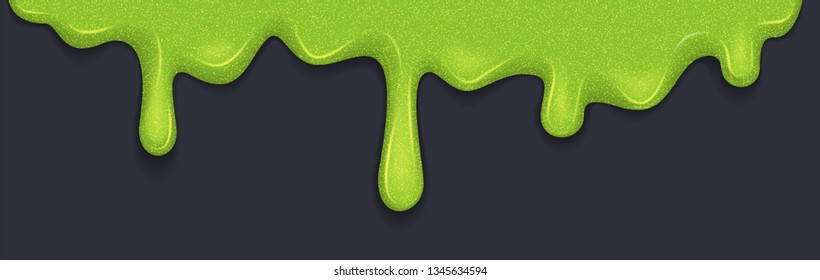 Background of dribble slime. Flowing green sticky liquid. Melted paint drips and flowing. Vector illustration with toxic blob on grey background