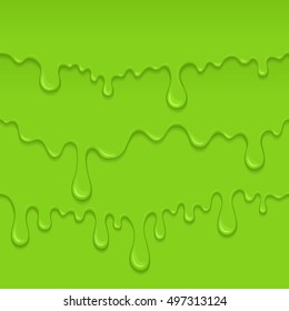 Background of dribble slime. Flowing green sticky liquid. Melted paint drips and flowing. Vector halloween illustration with toxic blob on grey