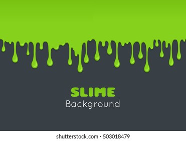 Background of dribble slime. Flowing green sticky liquid. Melted paint drips and flowing. Vector halloween illustration with toxic blob on grey