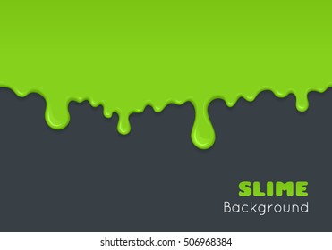 Background of dribble slime. Flowing green sticky liquid. Melted paint drips and flowing. Vector halloween illustration with toxic blob on grey