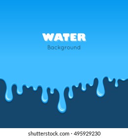 Background of dribble water. Flow of liquid. Blue glossy paint drips and flowing. Vector cartoon illustration. Abstract creative graphic element for your design