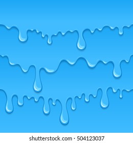 Background of drips and flowing water. Flow of liquid. Blue glossy paint drips and flowing. Vector cartoon illustration with splashes and splatters. Abstract creative graphic element for your design