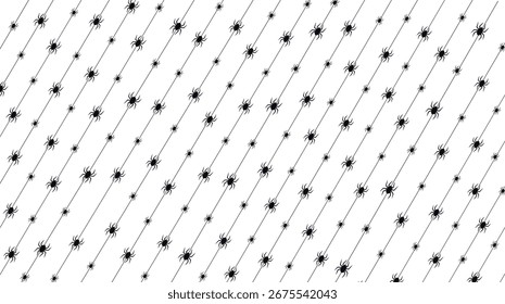 Fundo de aranhas pretas soltas em uma teia de aranha em um fundo branco