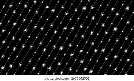 Fondo de arañas blancas caídas en un Web de araña sobre un fondo negro