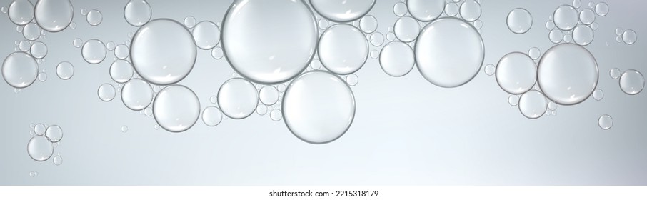 Fondo con gotas, burbujas líquidas de color plata. Agua, suero, gel o colágeno. Producto de belleza, humedad, producción de cuidado de la piel. Cuidado de la piel hidratación cosmética Diseño vectorial 3d realista