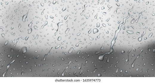Background with drops and streaks of water in gray colors, flowing down the surface