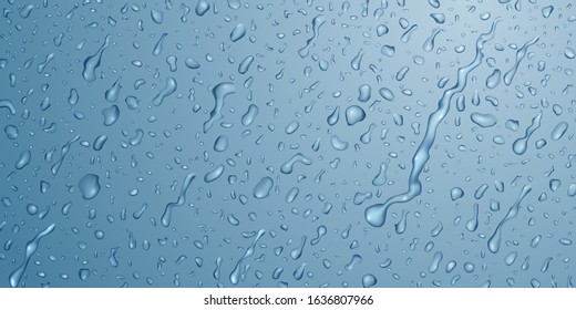 Background with drops and streaks of water in light blue colors, flowing down the surface