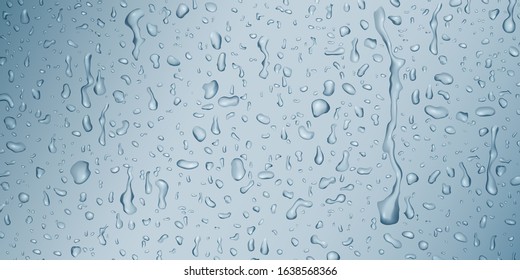 Background with drops and streaks of water in light blue colors, flowing down the surface