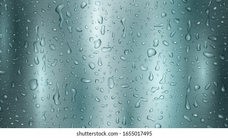 Background with drops and streaks of water in light blue colors, flowing down the metal surface