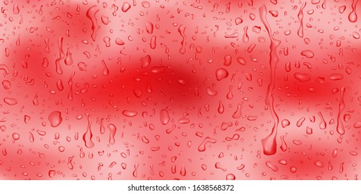 Background with drops and streaks of water in red colors, flowing down the surface